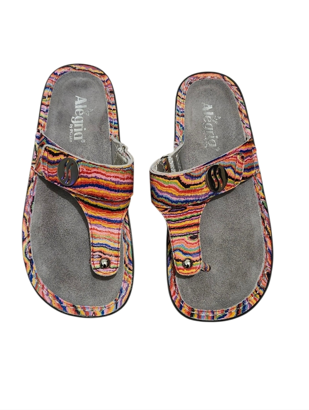 Alegria Multicolor Striped Thong Sandals — Pink Orange Yellow Accents Size 37